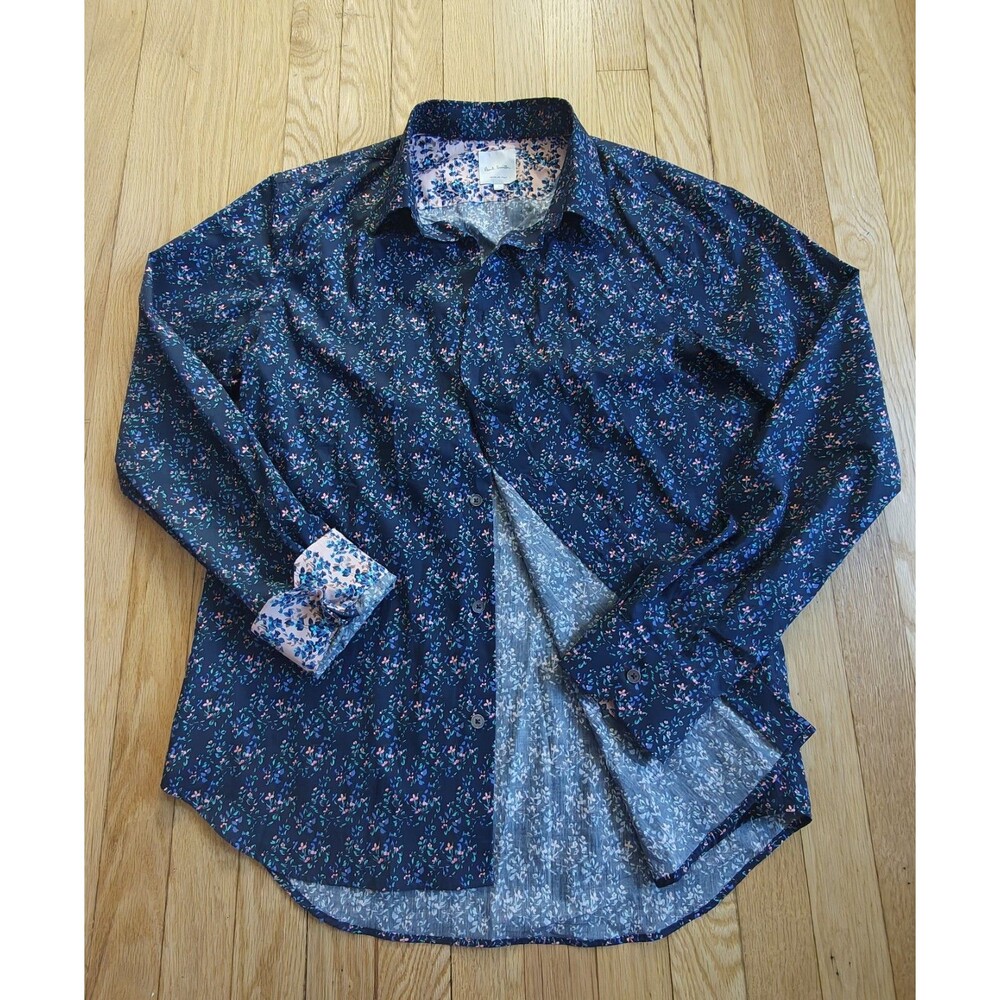 Paul Smith Blue Floral Shirt Mens Large Slim Fit Luxury Cotton Made In Italy